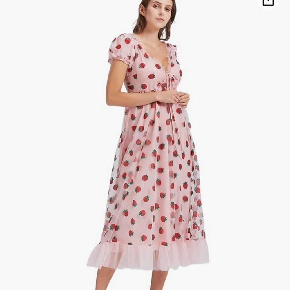 NWT  Sweet Tulle mesh Gauze Long Dress Sequin Embroidery Pink Strawberry dress